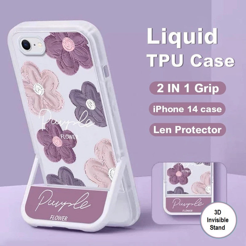 3D Cute Creative Purple Flower Cartoon Oil Painting Floral Decor Wave Curly Edge Invisible Stand Holder Case